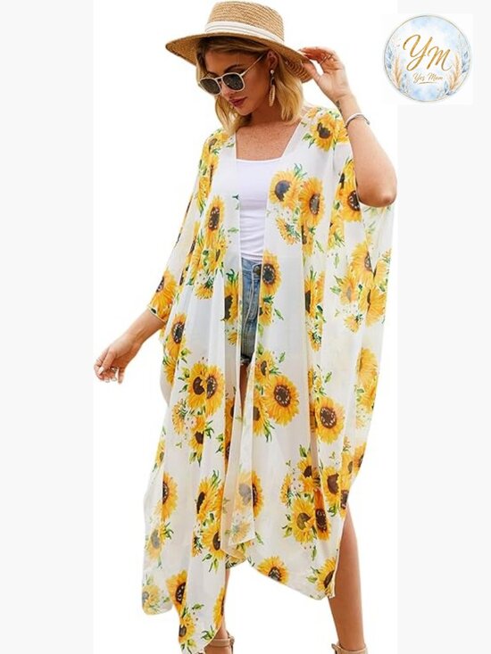 Other - Women's Long Floral Kimono Printed Cardigan Sheer Swimsuit Cover Up